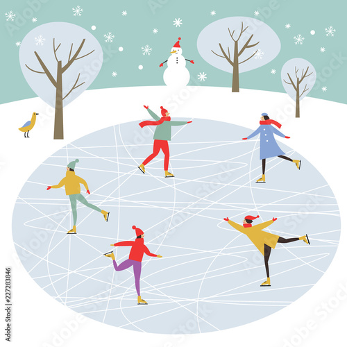 Vector drawing of people skating, Merry Christmas or Happy New Year's card design
