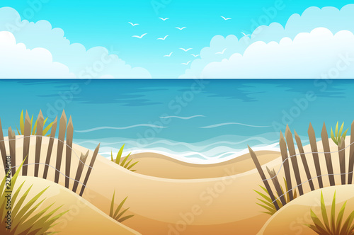 Murais de parede Scenery of sand dunes beach with grass and wood fences