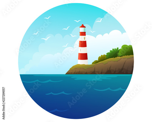 Red and white striped lighthouse on seascape. Blue sky scenery with birds and clouds. Vector illustration.