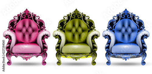 Baroque colorful armchairs Vector 3d illustration. French Luxury rich intrica...