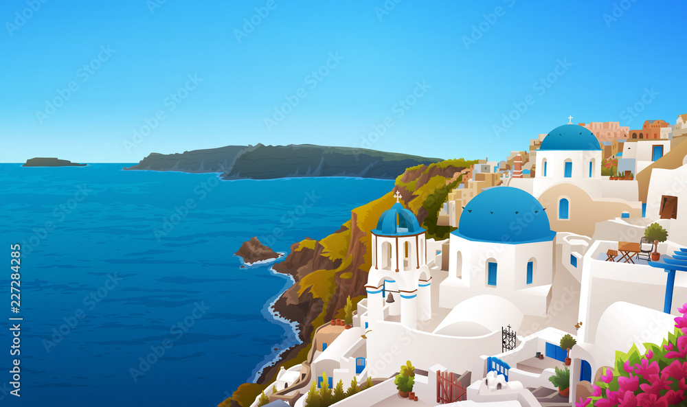 Obraz premium Ilustracja wektorowa wyspy Santorini, Grecja. Tradycyjne domy i kościoły z niebieskimi kopułami. Błękitne niebo i morze.