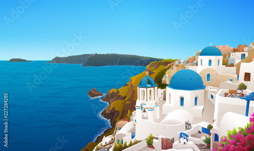 Vector illustration of Santorini island, Greece. Traditional houses and churches with blue domes. Blue sky and sea.
