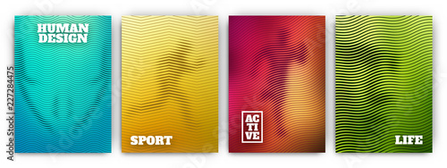 Colorful flyer template set - minimal cover designs - geometric human figure backgrounds with wavy lines