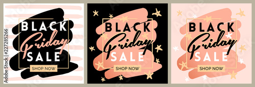 Black friday sale inscription invitation banner set. Square frame and stars in black pink colors. Three Vector illustration in flat style.