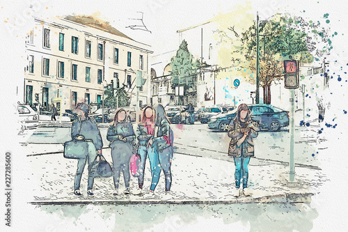 Fototapeta Naklejka Na Ścianę i Meble -  A watercolor sketch or illustration. Pedestrians cross street in Lisbon. Girls or company of friends stand on intersection. Traffic or traffic light red
