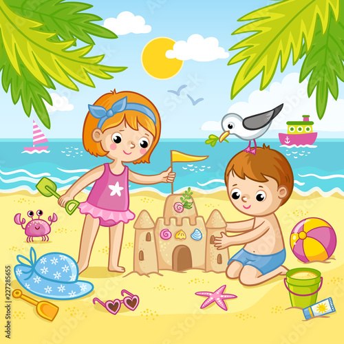 Boy and a girl are building a castle from the sand. Children playing on the beach by the sea. Vector illustration in children s style.