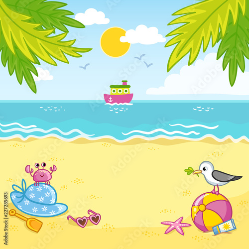 Vector illustration with sand beach and ship. The edge and the seagull on the sand by the sea. Animals on the coast of the ocean.