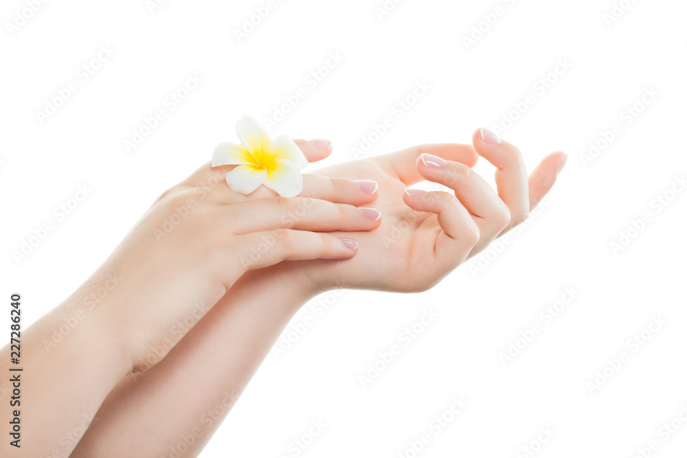 Beautiful woman hands with elegant nails after manicure salon with french manicure isolated on white background