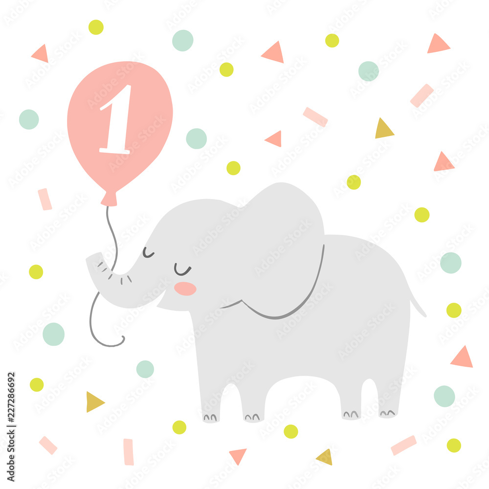 First birthday greeting card or party invitation with a cute vetor elephant illustration. Elephant holding a balloon on a background of colorful confetti. First birthday greeting card or party invitation with a cute vetor elephant illustration. Elephant holding a balloon on a background of colorful confetti.