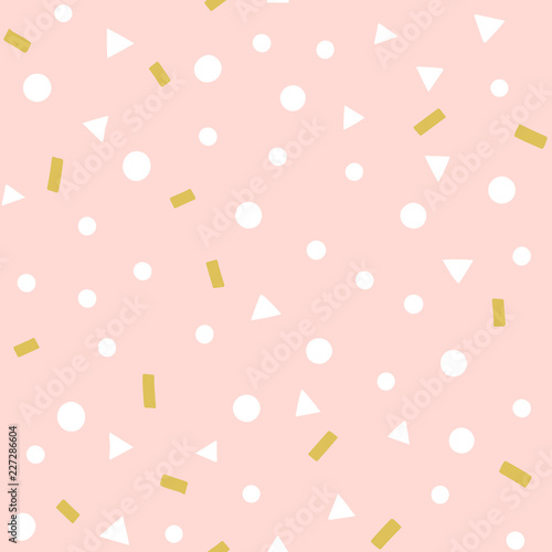 Cute confetti vector pattern. Party festive seamless background with geometric shapes, triangles, dots, sprinkles on a pink color.