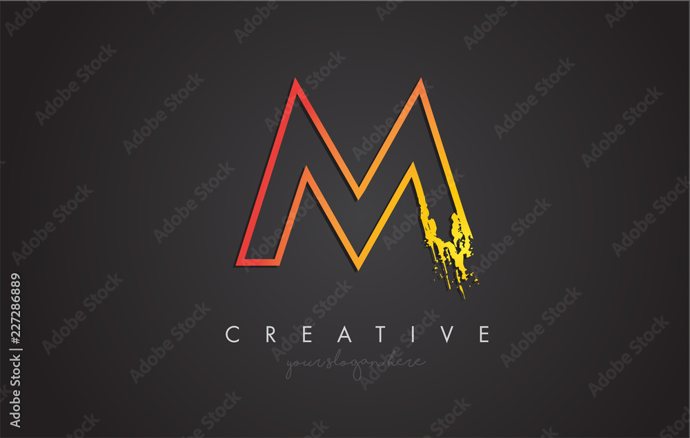 M Letter Design with Golden Outline and Grunge Brush Texture.