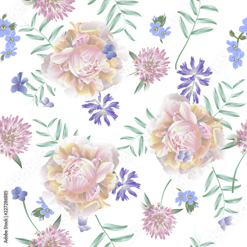 Seamless pattern with peony and wild flowers. Modern floral pattern for textile, wallpaper, print, gift wrap, greeting or wedding background.