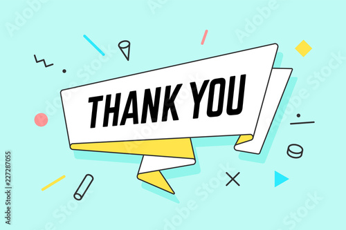 Than You. Ribbon banner with text Thank You. Emotional hand drawn design element for banner, greeting card, web, poster for Thanksgiving Day, Thank You, vintage memphis style. Vector Illustration