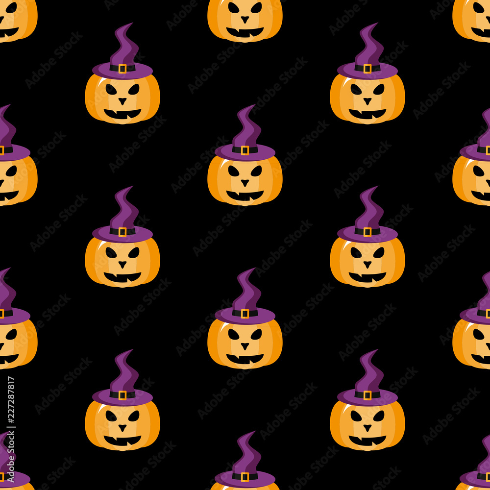 Fototapeta premium Pumpkin in a witch hat. Halloween pattern. Vector illustration. Seamless pattern. Flat.