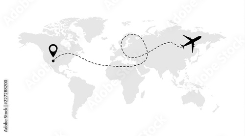 Airplane line vector icon of air plane flight route with start point and line trace