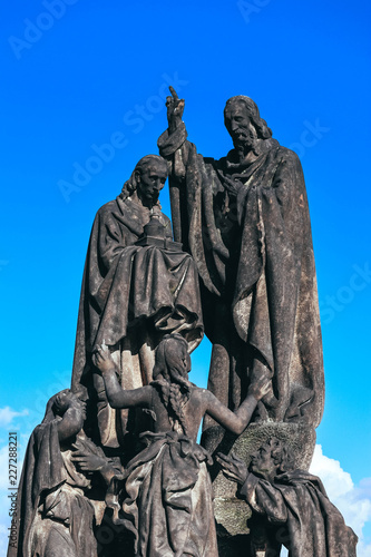 Czech  Prague  gothic sculpture of the Cyril and Methodius on the Charles bridge. Prague  medieval art  statue of Saint on the bridge of King Charles.