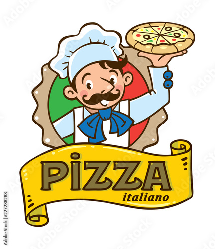 Emblem of funny italian chef with pizza and logo
