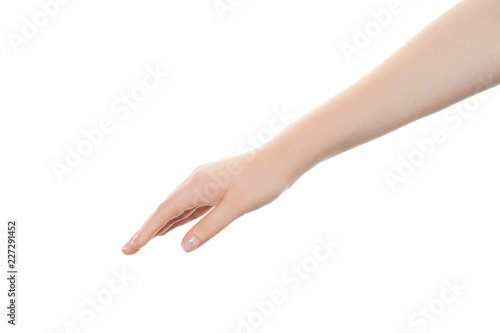 Empty female hand isolated on white background