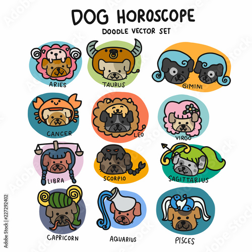 Cute Dog horoscope doodle set cartoon vector illustration 