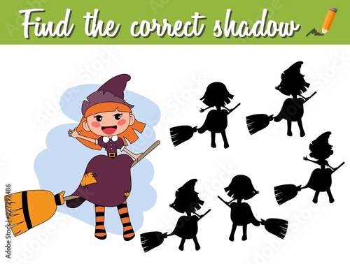 Find the correct shadow. Educational matching game for children with cartoon witch on a broom