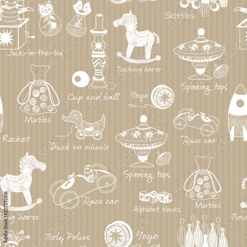 Vintage traditional wooden toys illustrations on kraft paper seamless vector pattern background.