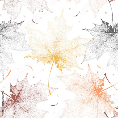 Seamless vintage pattern with color maple leaves on white background.