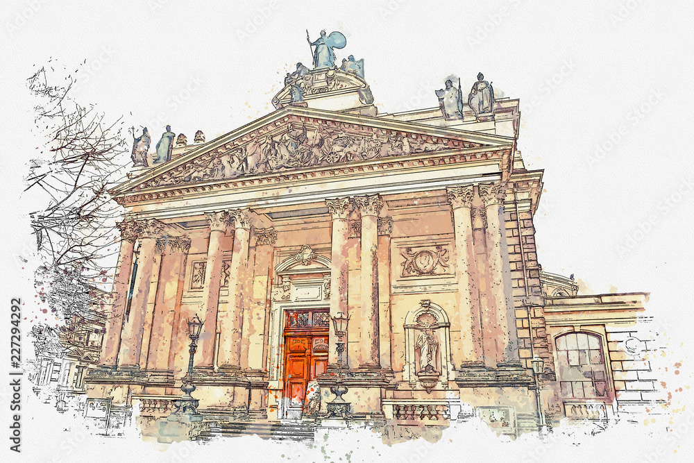 A watercolor sketch or illustration. Germany. Dresden architecture. The building of the city theater.