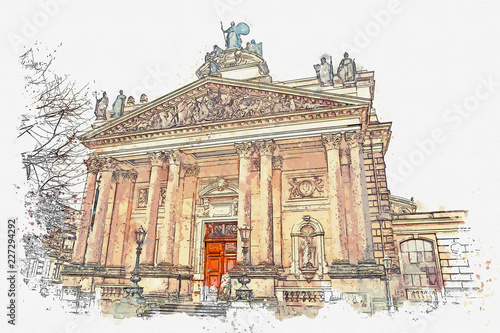Obraz na płótnie A watercolor sketch or illustration. Germany. Dresden architecture. The building of the city theater. w salonie