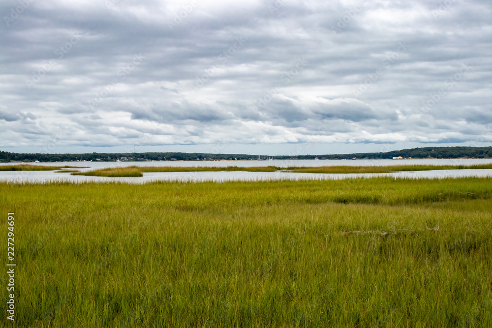 Gorgeous view of marshland, water, sky and clouds