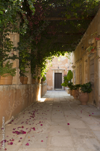Fototapeta Naklejka Na Ścianę i Meble -  Alley in monastery of Agia Triada, Crete, Greece. Monks cell entrance door