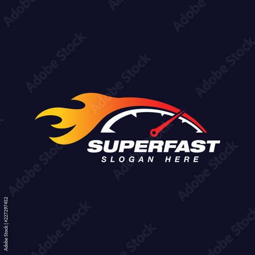 speed logo design template. speedometer with flame effect vector illustration
