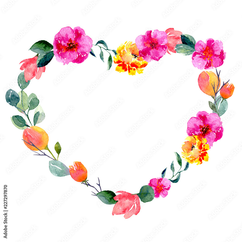 Watercolor floral frame in heart shape. Background with fresh foliage, bright flowers and place for text