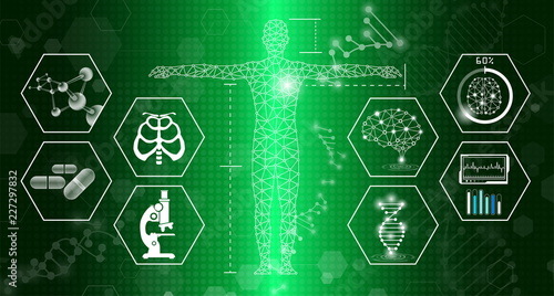 abstract background technology concept in green light,human body heal,technology modern medical science in future and global international medical with tests analysis clone DNA human