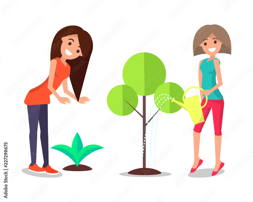 Smiling Women Take Care About Plants Watering Tree Smiling Women Take Care About Plants Watering Tree