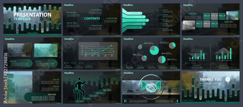 Original presentation templates. Set, green, elements of infographics, white background. Flyer, postcard, corporate report, marketing,advertising, banners.Slide show,photo, slide for brochure,bookle