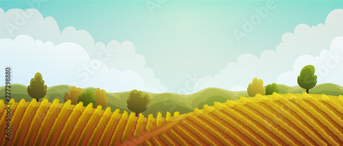 Rural landscape of vineyard. Golden vines on hills with trees and mountains in background. Autumn season. Vector illustration.
