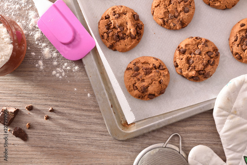 Принти на полотні Homemade cookies with chocolate chips freshly baked top view