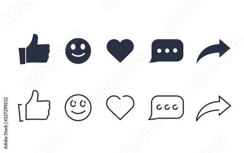Thumbs up and with repost and comment icons on a white background. Social media icon, empathetic emoji reactions