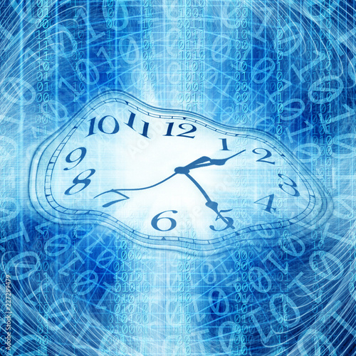 conceptual technology and time image of binary code with clock and abstract lights