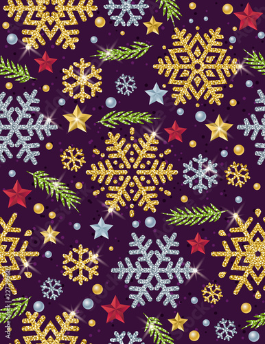 Christmas seamless pattern background with gold and silver glittering snowflakes, twig and stars, vector illustration