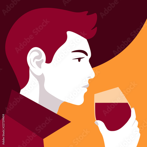 Male profile with a glass of wine. Portrait of a sommelier. Winemaking Vector flat illustration