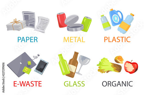 Paper Metal Plastic Glass Organic and E-waste Set