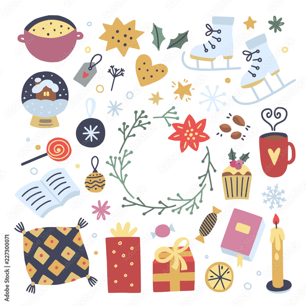 Hygge winter elements on white background. Cute cozy interior objects and illustrations for decoration Christmas greeting cards Hygge winter elements on white background. Cute cozy interior objects and illustrations for decoration Christmas greeting cards