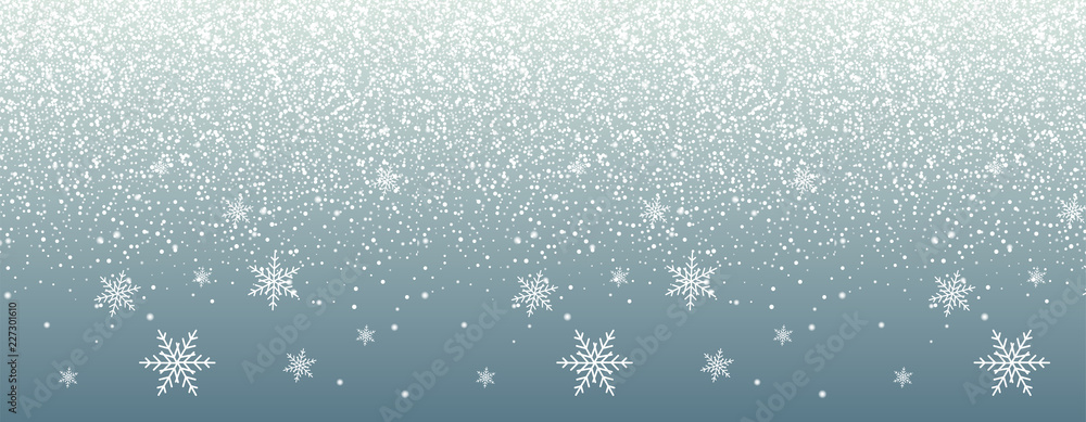 Falling snow on blue background. Realistic falling snowflakes. Christmas and New Year design - obrazy, fototapety, plakaty 