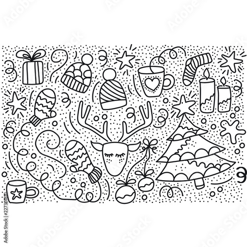 Winter holidays hand drawn doodle set. Isolated illustration on white background for invitation, flyer, card, poster, t-shirt design or blog