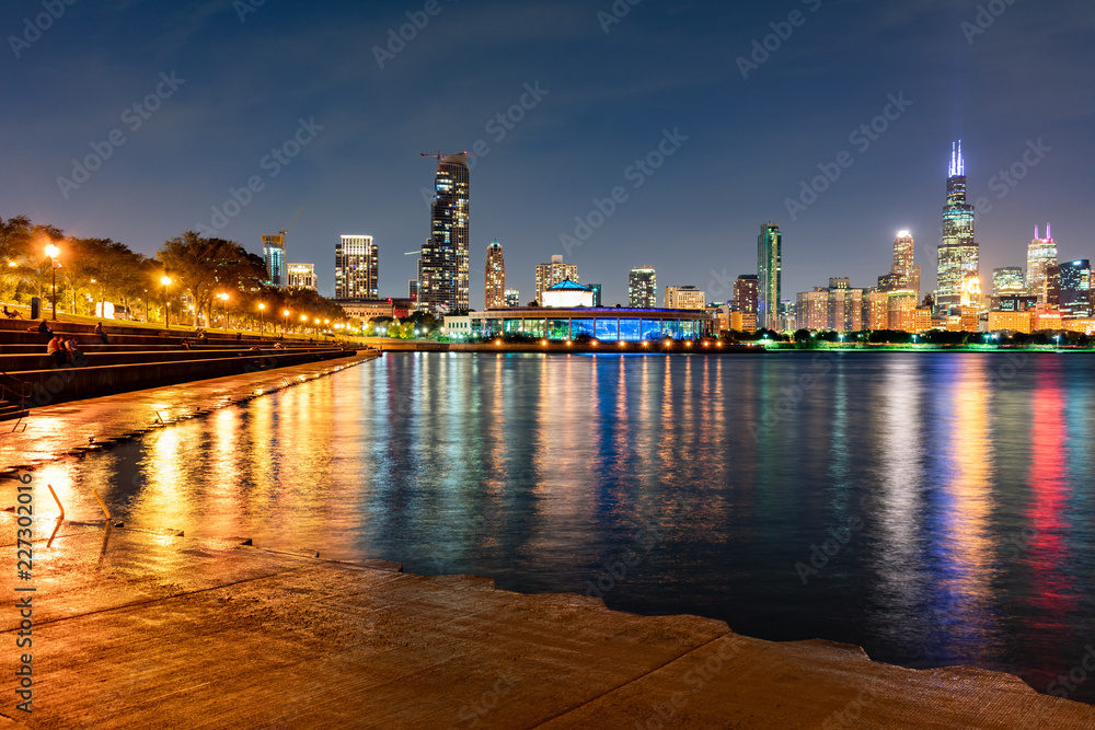 Chicago Skyline at Night with Lakefront Trail