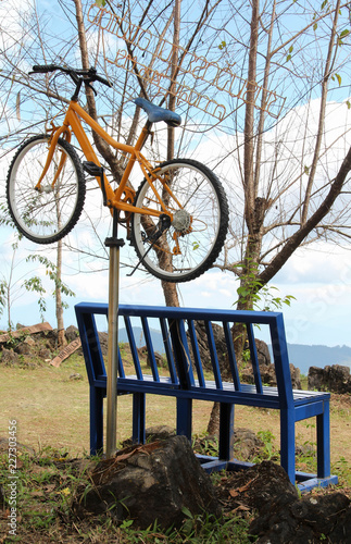 Blue steel bench at Doi Monngo, Chiangmai, Thailand. photo