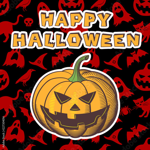Happy Halloween greeting card. Stylized Image of jack o lantern on black and red background with Halloween elements: carved pumpkin, witches hat, raven, cat, ghost, skull, bat and spider