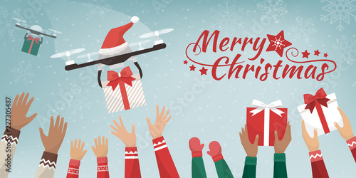 Drones with Santa's hat delivering Christmas gifts
