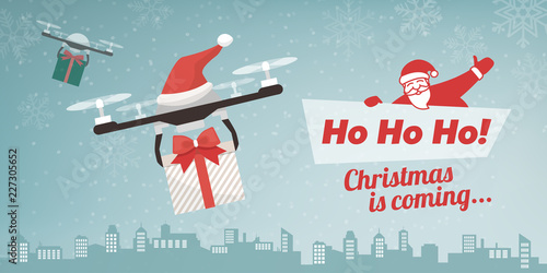 Drones with Santa's hat delivering Christmas gifts